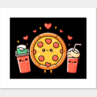 Kawaii Food Art with a Pepperoni Pizza, Cola, and a Milkshake | Kawaii Lovers Gift Posters and Art